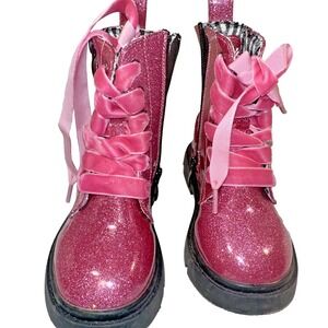 Girls Pink Glitter Combat Boots Velvet Ribbon Laces Side Zip Size 10